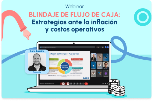 Ilustración de laptop con presentación de webinar “Blindaje de flujo de caja” y participantes en videollamada sobre inflación y costos operativos.
