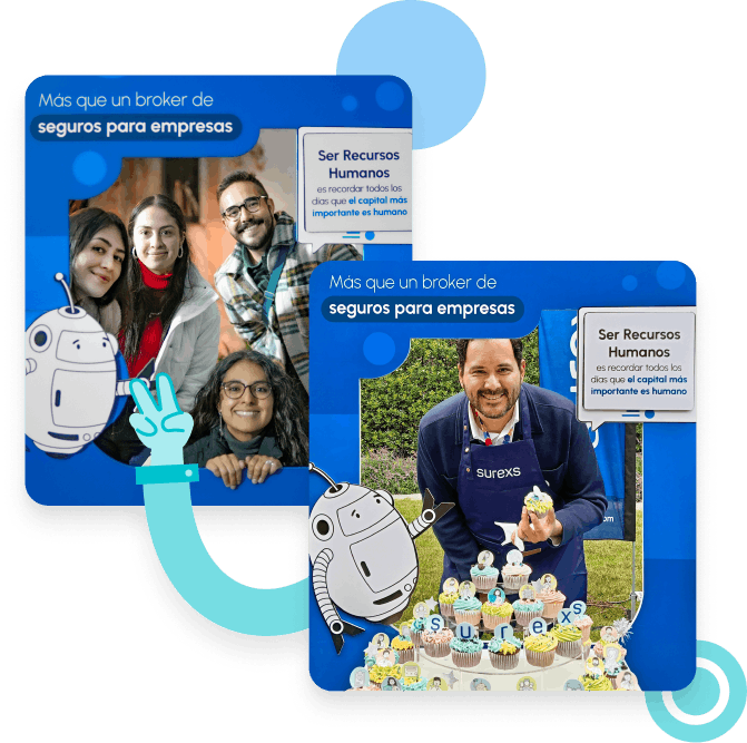 Composición gráfica de Espacio Surexs con participantes y colaborador en actividad, asociada a encuentros y experiencias para profesionales de empresas.