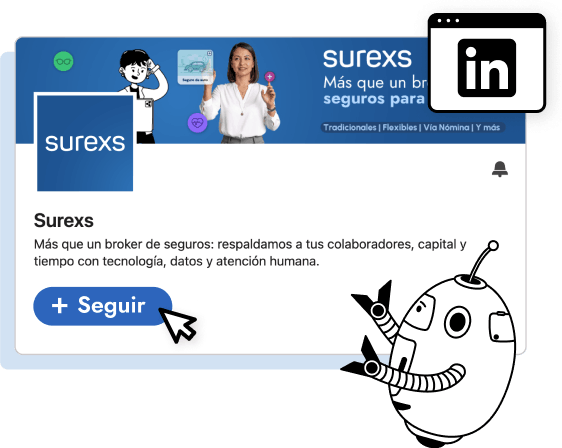 Captura de perfil de Surexs en LinkedIn con botón “Seguir”, asociado a broker de seguros para empresas y novedades de eventos.   