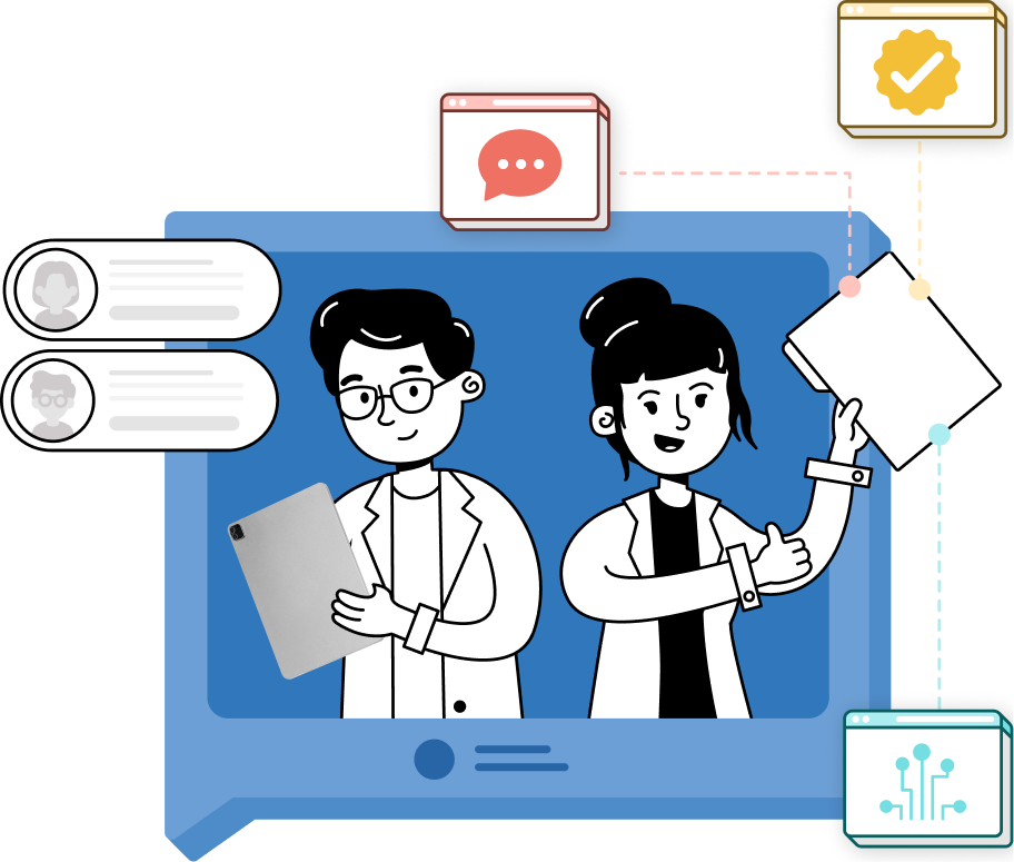 Ilustración de profesionales gestionando documentos y herramientas digitales, asociada a atención, tecnología y garantía en el servicio integral de seguros empresariales.
