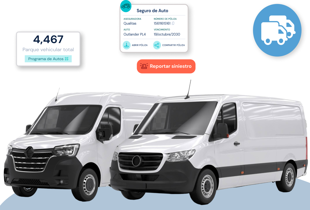 Dos camionetas blancas de carga junto a panel con datos de póliza y botón “Reportar siniestro”, gestión de seguro de flotillas empresariales.