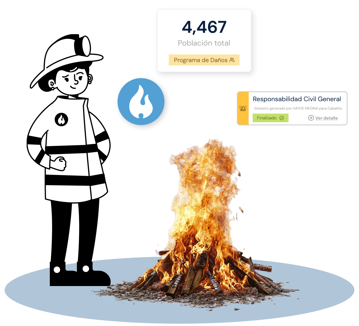 Dos camionetas blancas de carga junto a panel con datos de póliza y botón â€œReportar siniestroâ€, gestión de seguro de flotillas empresariales.