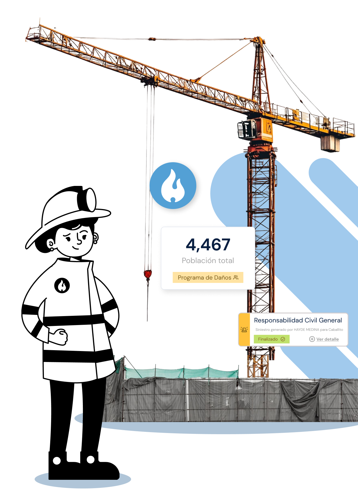 Dos camionetas blancas de carga junto a panel con datos de póliza y botón â€œReportar siniestroâ€, gestión de seguro de flotillas empresariales.