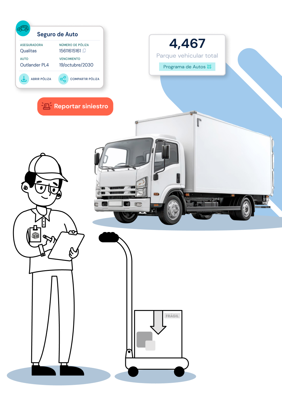 Dos camionetas blancas de carga junto a panel con datos de póliza y botón â€œReportar siniestroâ€, gestión de seguro de flotillas empresariales.