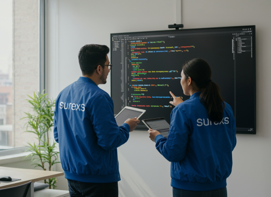 Equipo de Surexs revisando información en pantalla digital, relacionado con análisis y gestión de servicios de seguros empresariales.